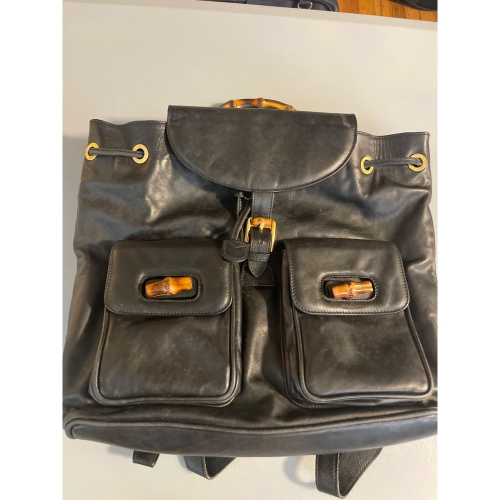 Authentic‎ GUCCI Bamboo Backpack Leather Black K4530